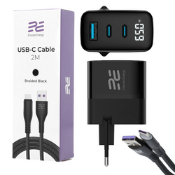 Neuer Encore Energy GaN QC 4+ PD 3.0 USB-A USB-C x2 65W MD-6583R Netzadapter mit Display + Encore Energy 2m USB-Kabel