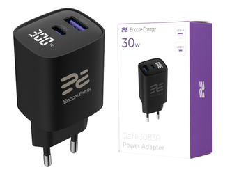 Nowa ładowarka sieciowa Encore Energy GaN QC 4 PD 3.0 USB-A USB-C 30W GaN-3083R z wyświetlaczem
