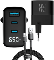 Neues Netzladegerät Encore Energy GaN QC 4+ PD 3.0 USB-A USB-C x2 Schnellladegerät 65W mit Display + Baseus USB-Kabel 1m