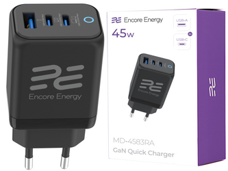 Neue GaN 45W USB-A + 2x USB-C QC PPS PD Netzladegerät Encore Energy MD-4583RA