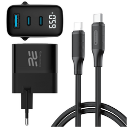 Neue Netzladegerät Encore Energy GaN QC 4+ PD 3.0 USB-A USB-C x2 65W MD-6583R Display + USB-C Kabel Encore Energy 2m