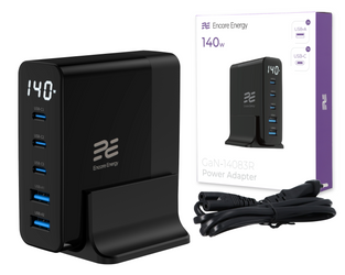 Neue Ladestation Encore Energy Tischladegerät GaN QC 4+ 5.0 PD 3.0 USB-A x2 USB-C x3 140W GaN-14083R mit Display