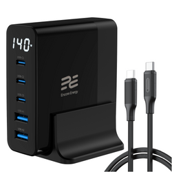 Neue Ladestation Encore Energy Desktop-Ladegerät GaN QC 4+ 5.0 PD 3.0 USB-A x2 USB-C x3 140W GaN-14083R mit Display + USB-C Kabel 2m