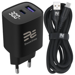Neues Netzteil Encore Energy GaN QC 4 PD 3.0 USB-A USB-C 30W GaN-3083R mit Display + USB-A USB-C Kabel 2m
