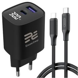 Neues Netzladegerät Encore Energy GaN QC 4 PD 3.0 USB-A USB-C 30W GaN-3083R mit Display + USB-C Kabel 2m