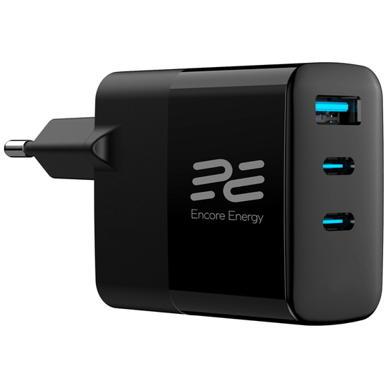 Nowa ładowarka sieciowa Encore Energy GaN QC 4+ PD 3.0 USB-A USB-C x2 65W MD-6583R wyświetlacz.